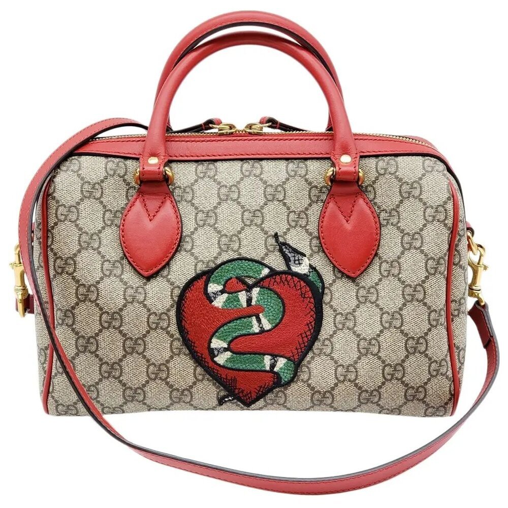 Authentic Gucci GG Supreme Tian Heart Snake Boston Bag Red Leather Crossbody